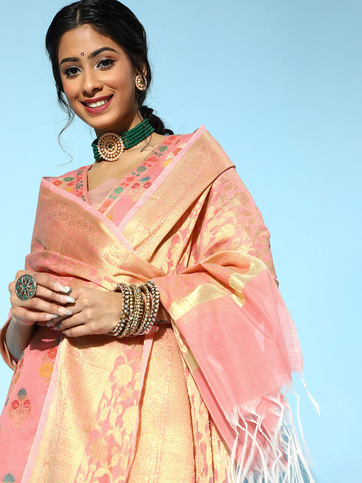 Pink Banarasi Woven Kurta Dupatta Set with Dhoti Pants