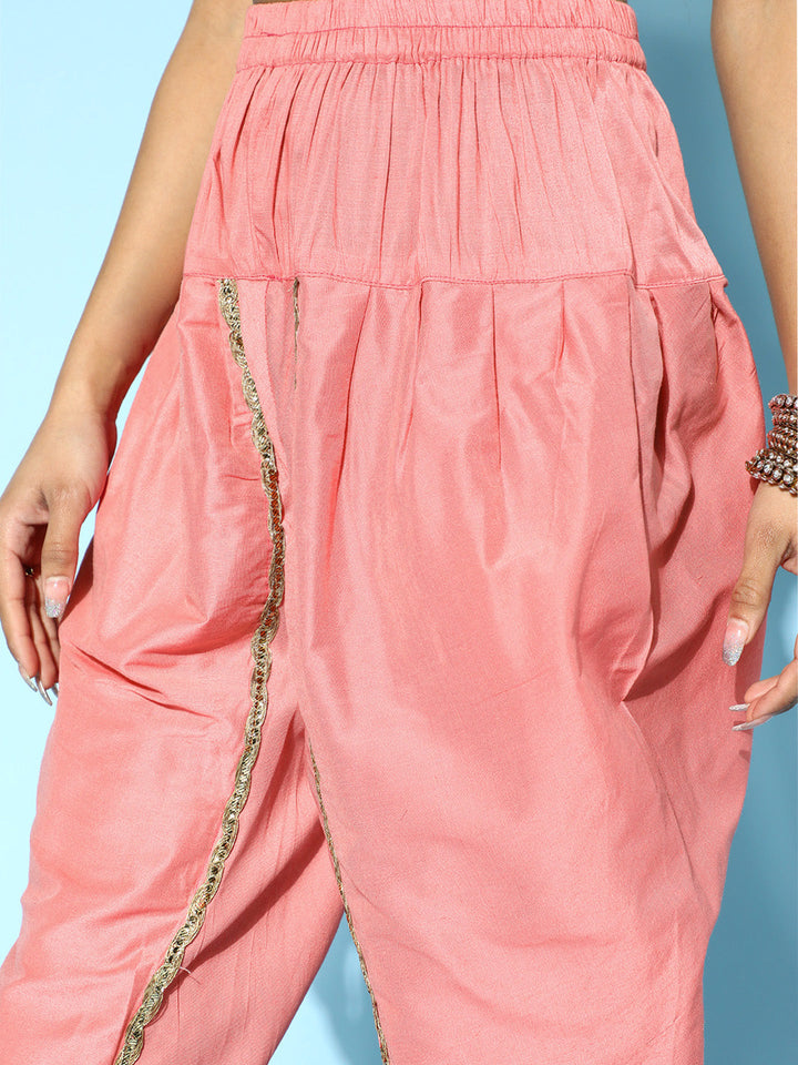 Pink Banarasi Woven Kurta Dupatta Set with Dhoti Pants