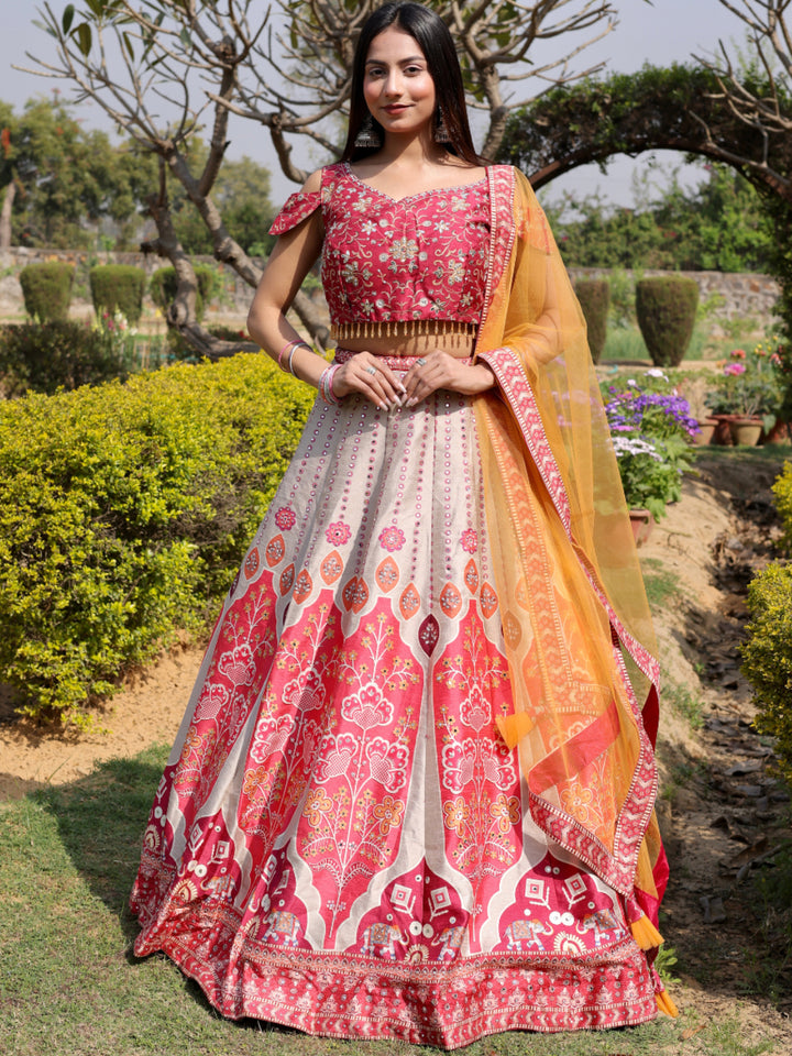 Chhabra 555 3D Digital Print Mirror Embellished Lehenga Set with Tassled Crop top blouse