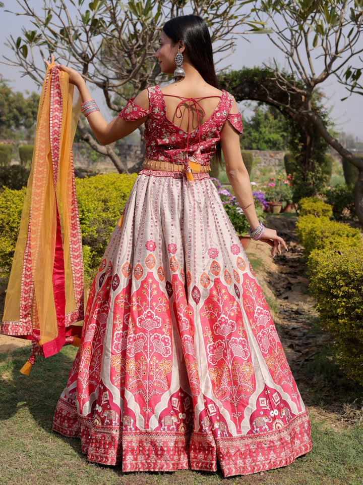 Chhabra 555 3D Digital Print Mirror Embellished Lehenga Set with Tassled Crop top blouse