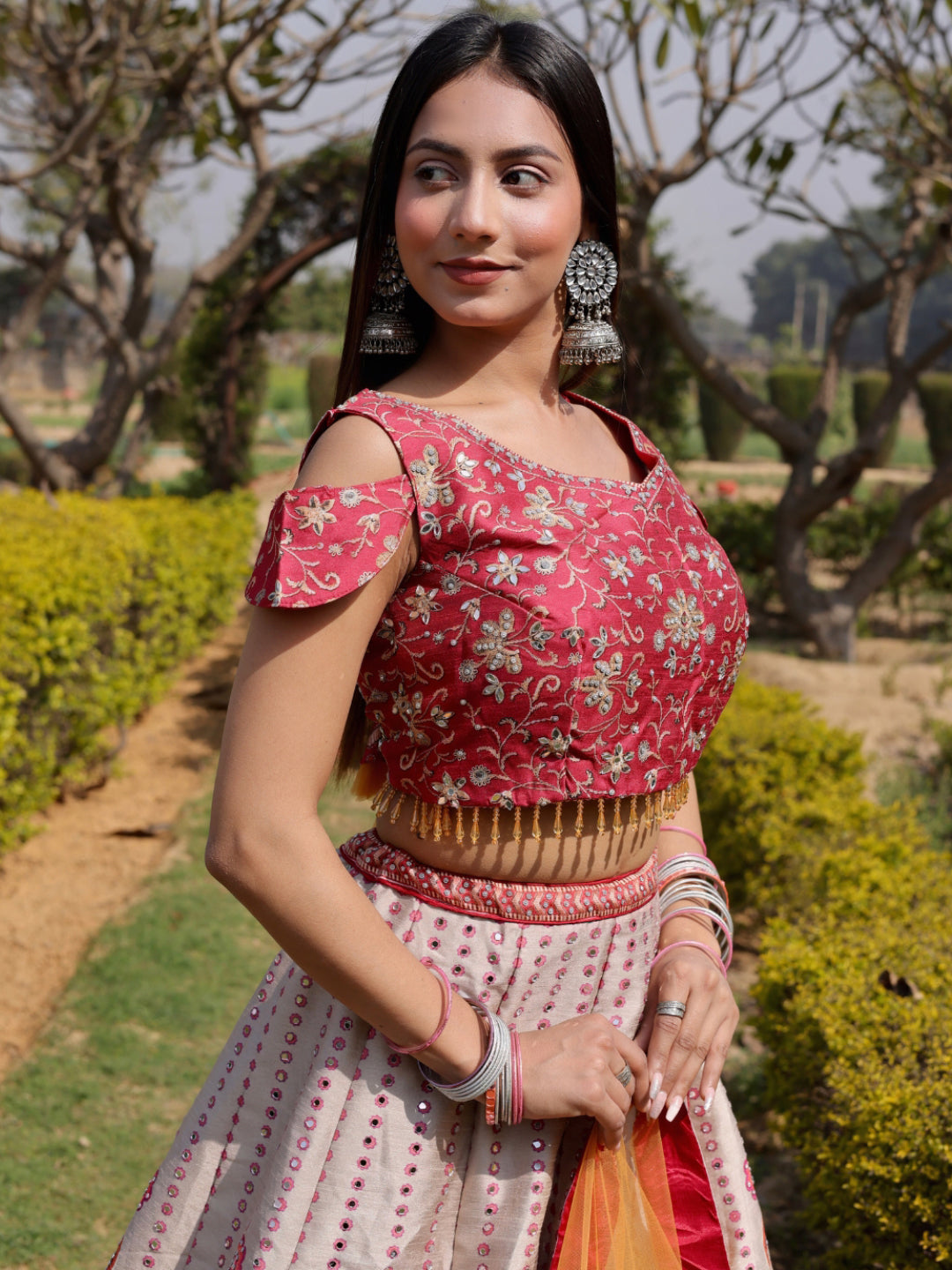 Chhabra 555 3D Digital Print Mirror Embellished Lehenga Set with Tassled Crop top blouse