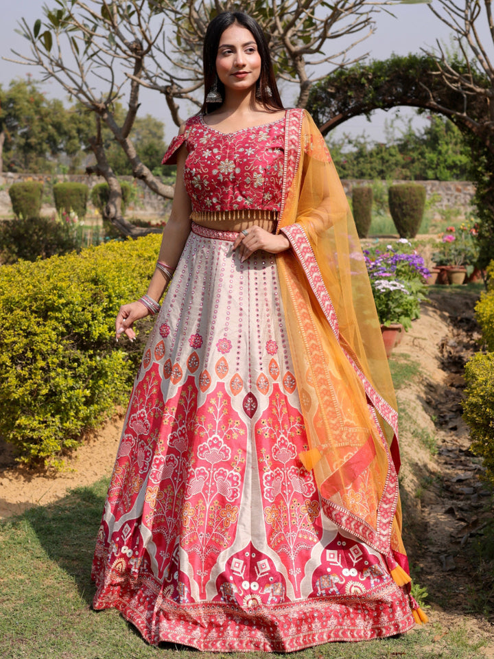 Chhabra 555 3D Digital Print Mirror Embellished Lehenga Set with Tassled Crop top blouse