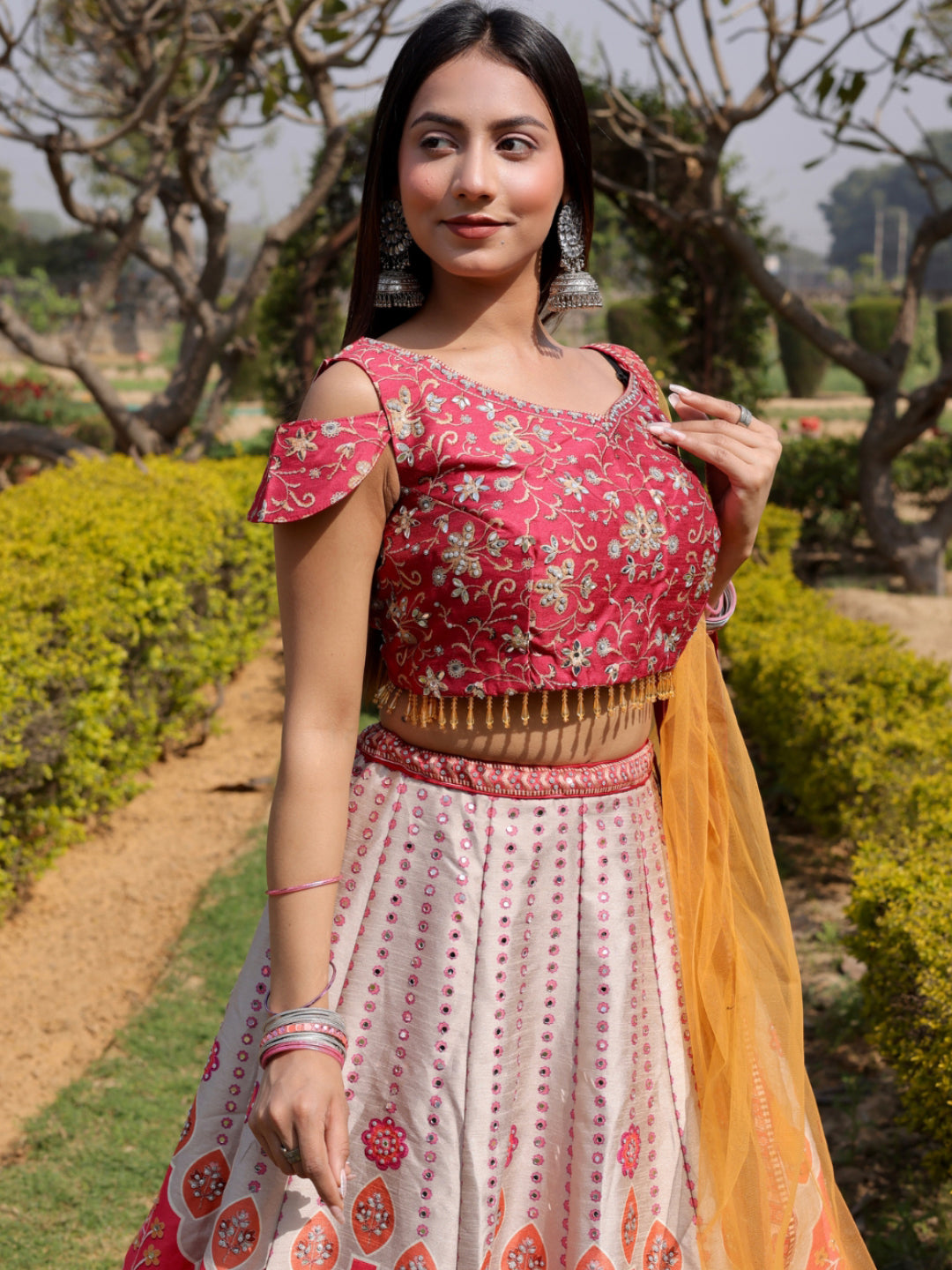 Chhabra 555 3D Digital Print Mirror Embellished Lehenga Set with Tassled Crop top blouse