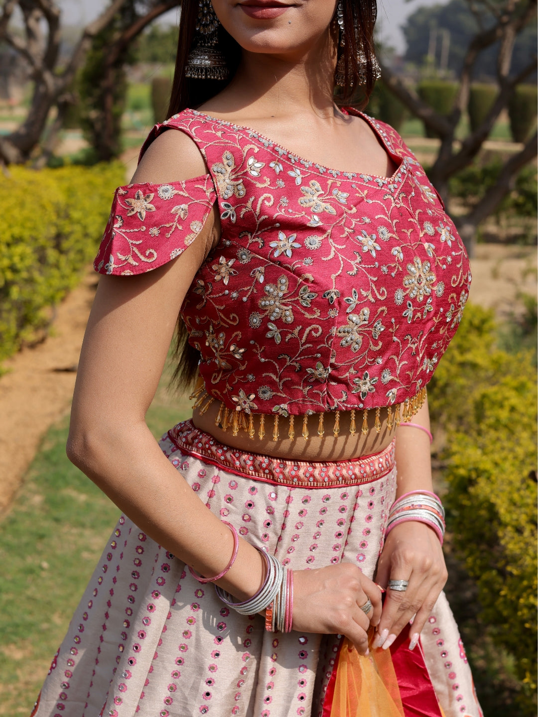 Chhabra 555 3D Digital Print Mirror Embellished Lehenga Set with Tassled Crop top blouse