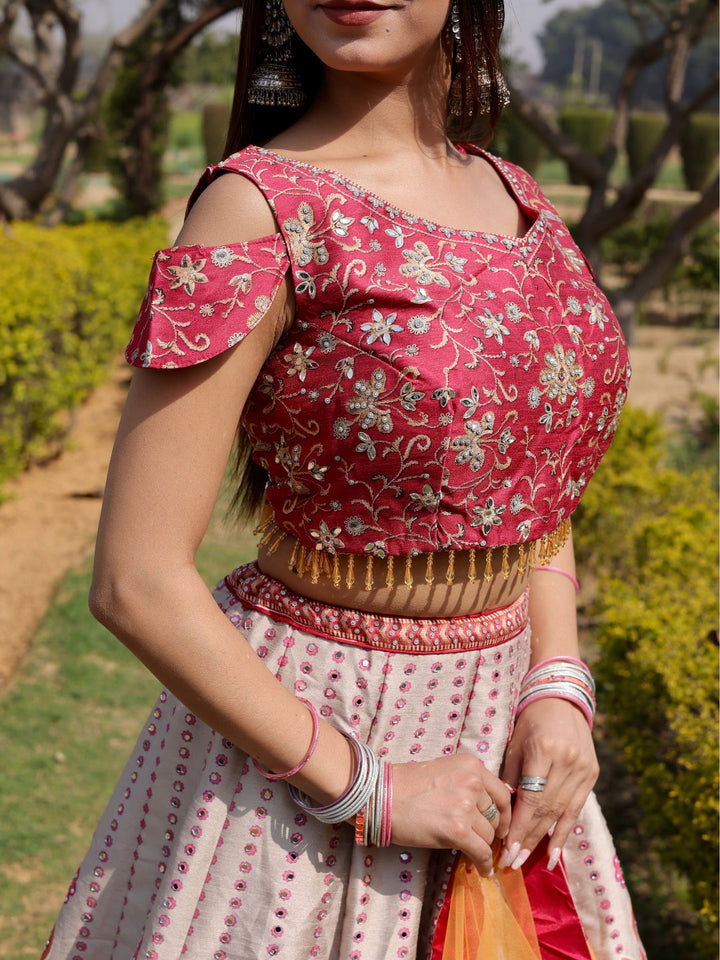 Chhabra 555 3D Digital Print Mirror Embellished Lehenga Set with Tassled Crop top blouse