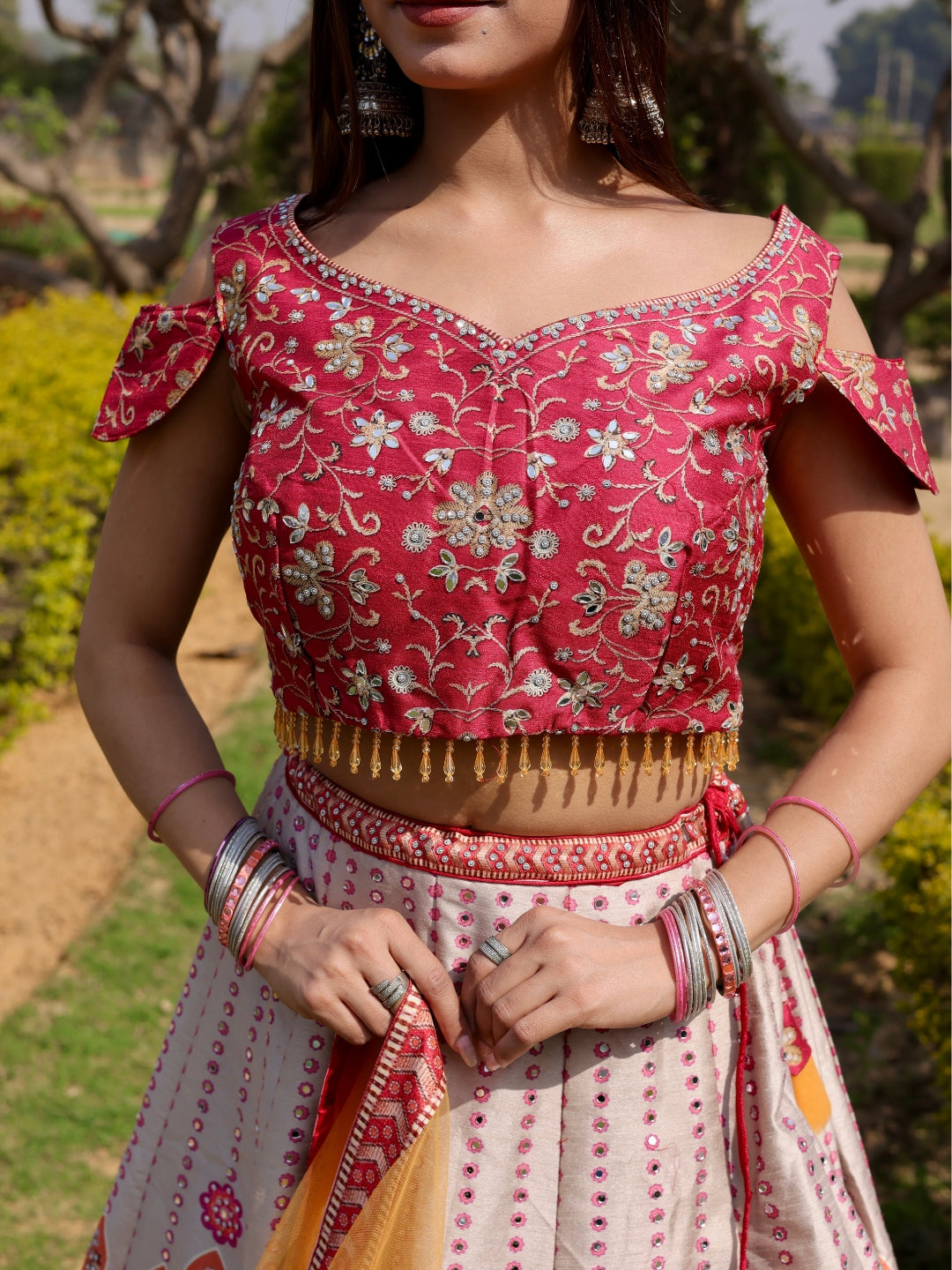 Chhabra 555 3D Digital Print Mirror Embellished Lehenga Set with Tassled Crop top blouse