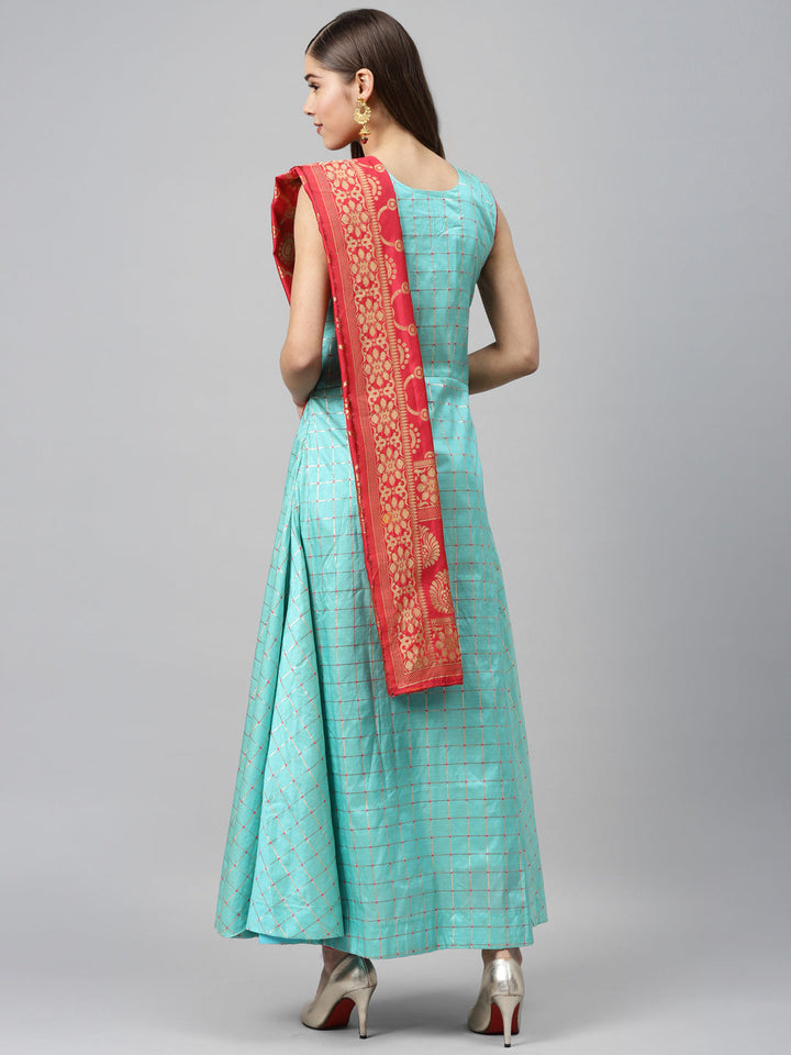 Made to Measure Pastel Woven Embroidered Anarkali Set with Contrast Banarasi Dupatta