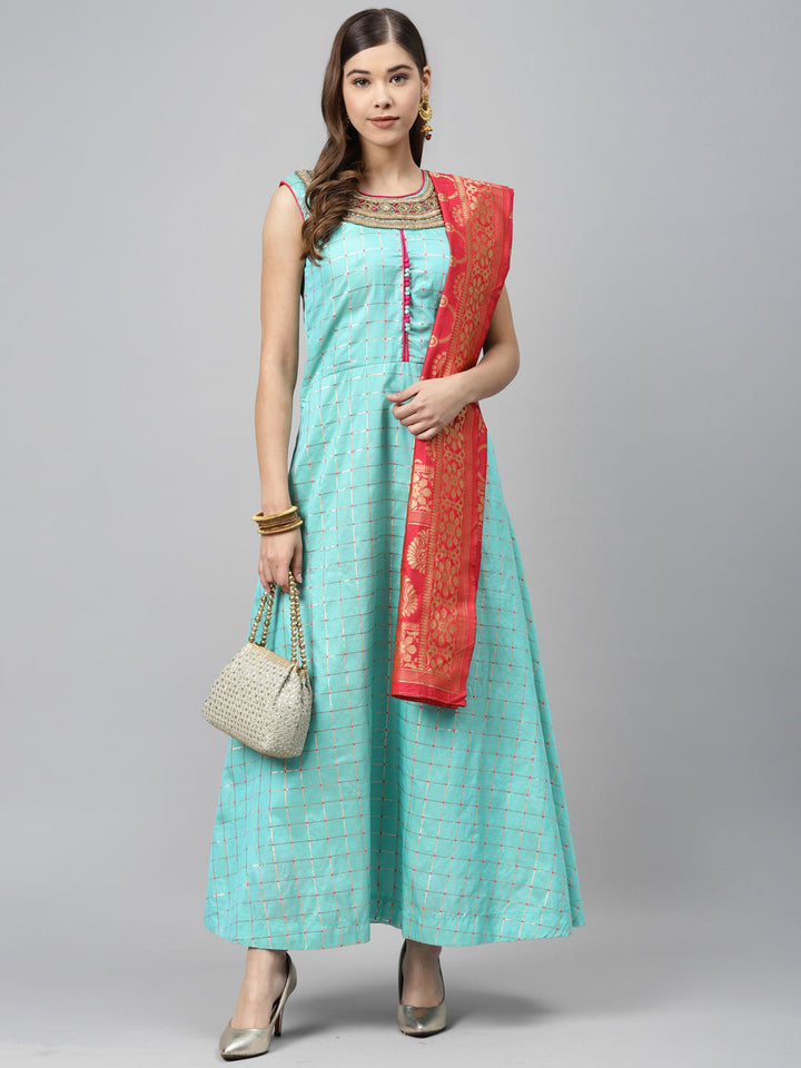 Made to Measure Pastel Woven Embroidered Anarkali Set with Contrast Banarasi Dupatta