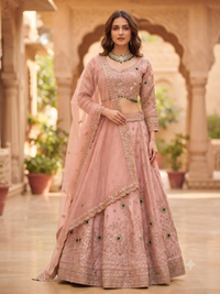Sequin & Stone Embellished Blouse with Lehenga Set in Dusty Pink