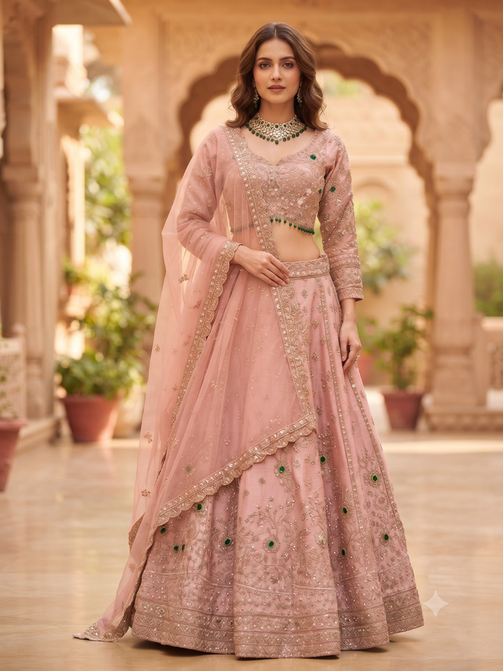 Sequin & Stone Embellished Blouse with Lehenga Set in Dusty Pink