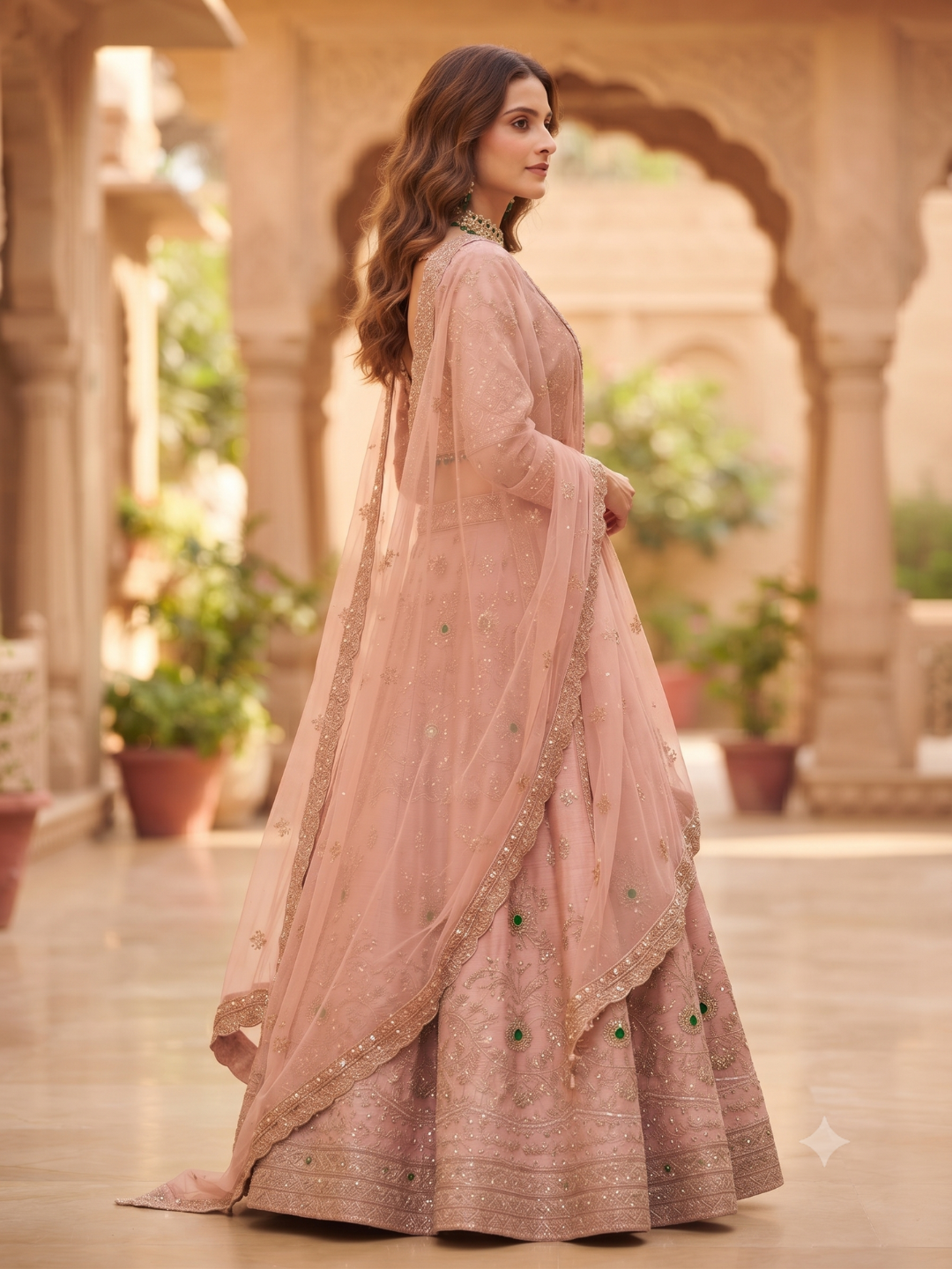 Sequin & Stone Embellished Blouse with Lehenga Set in Dusty Pink