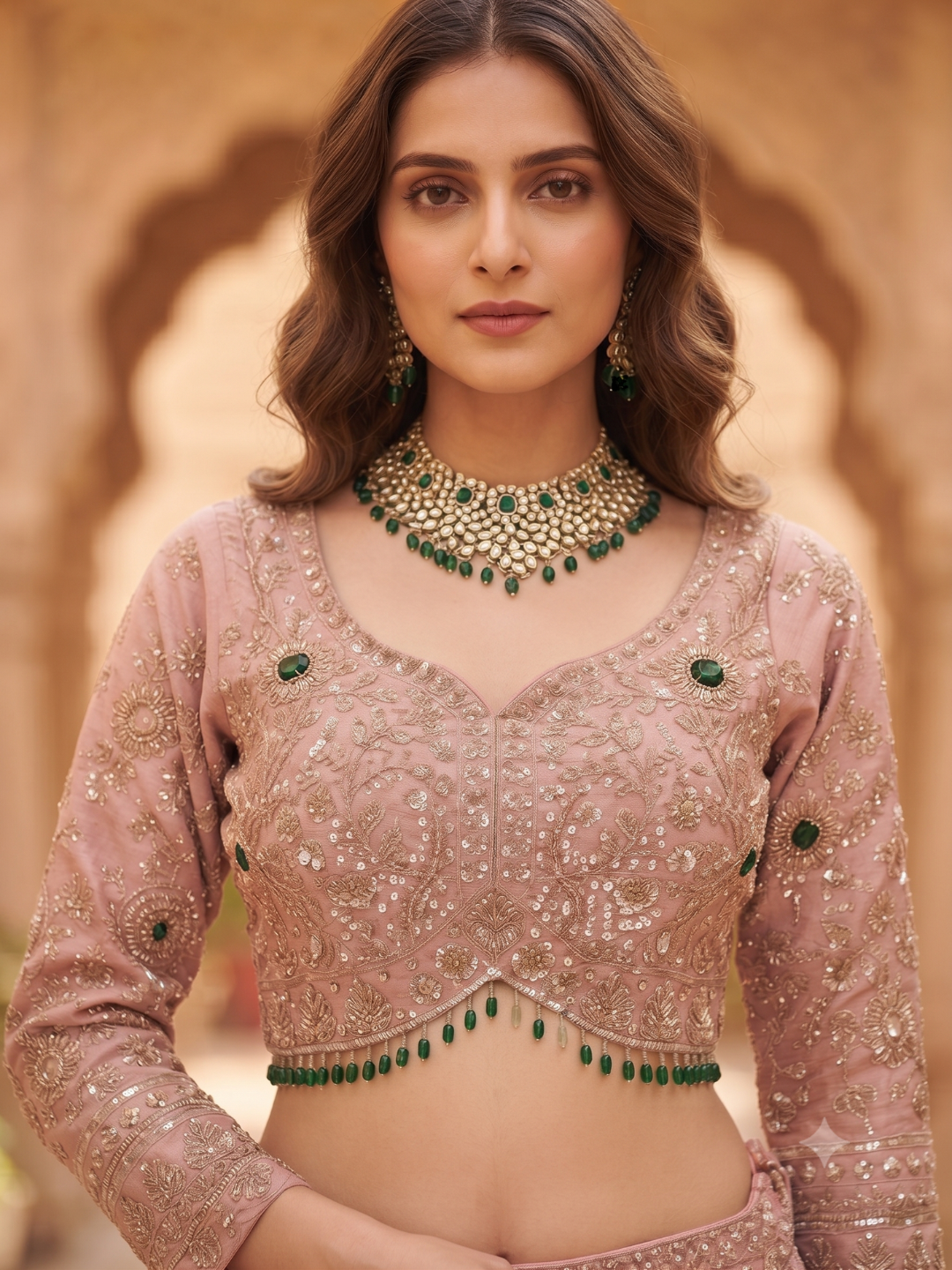 Sequin & Stone Embellished Blouse with Lehenga Set in Dusty Pink