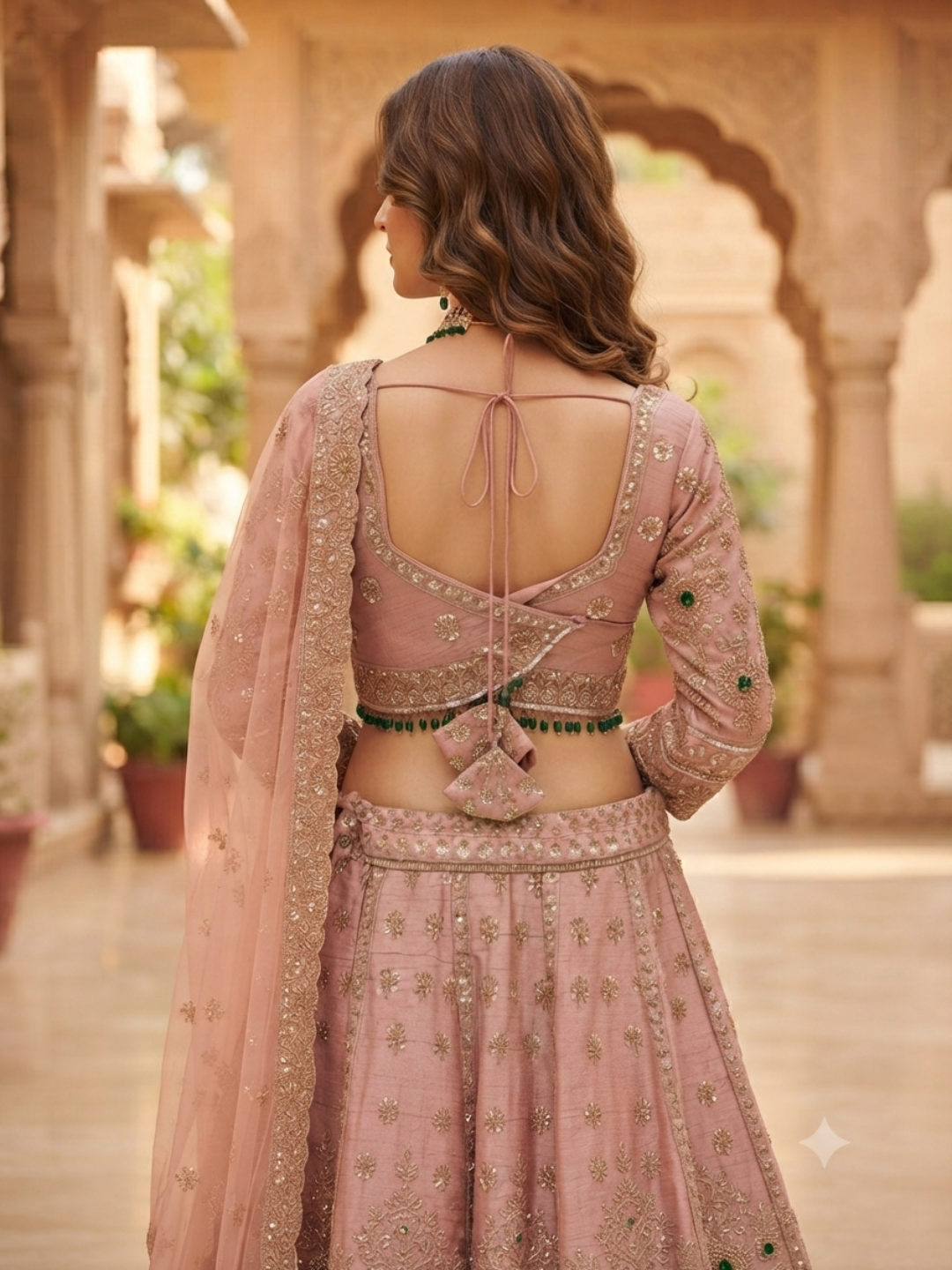 Sequin & Stone Embellished Blouse with Lehenga Set in Dusty Pink