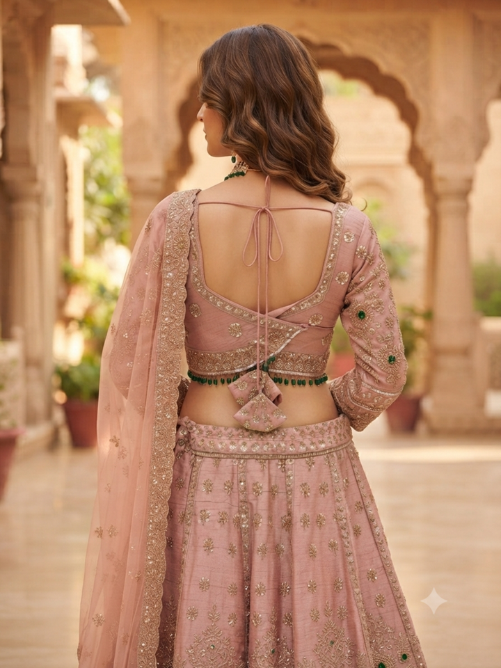 Sequin & Stone Embellished Blouse with Lehenga Set in Dusty Pink