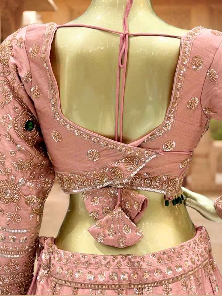 Sequin & Stone Embellished Blouse with Lehenga Set in Dusty Pink