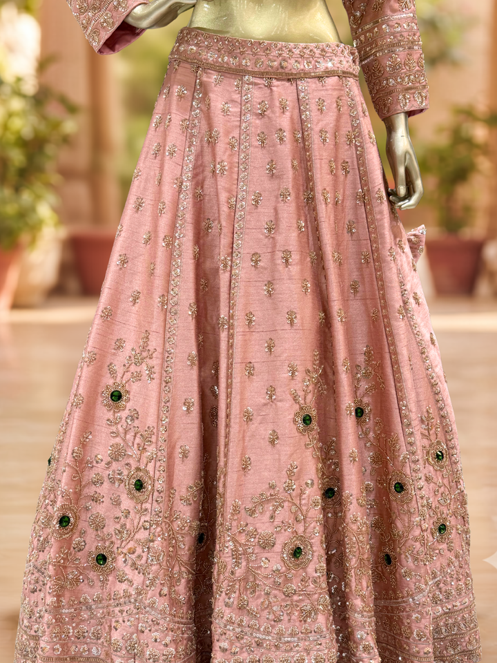 Sequin & Stone Embellished Blouse with Lehenga Set in Dusty Pink