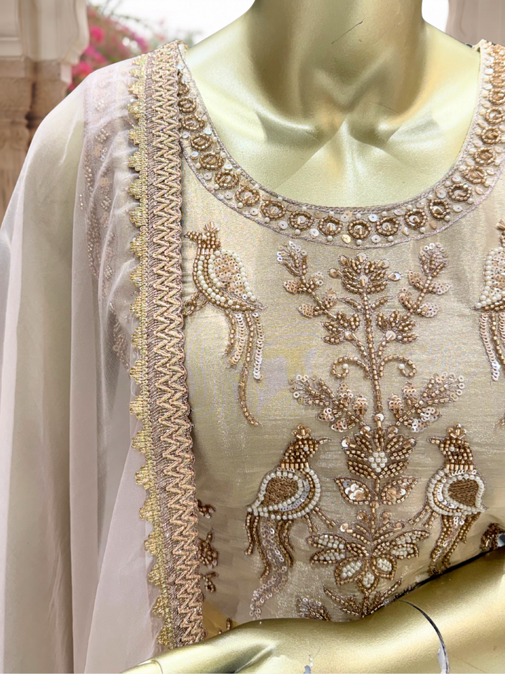 Sleeveless Embellished Kurta with Colour-Block Palazzo Set in Beige