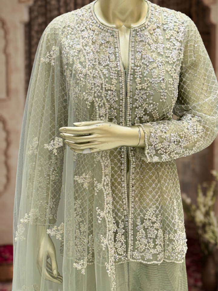 Pearl & Sequin Embroidered Jacket Blouse with Palazzo Set in green