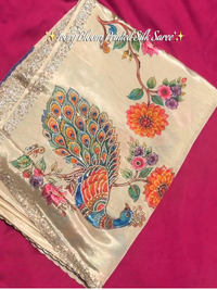 Ivory Bloom Peacock Printed Silk Saree with Sequin Border