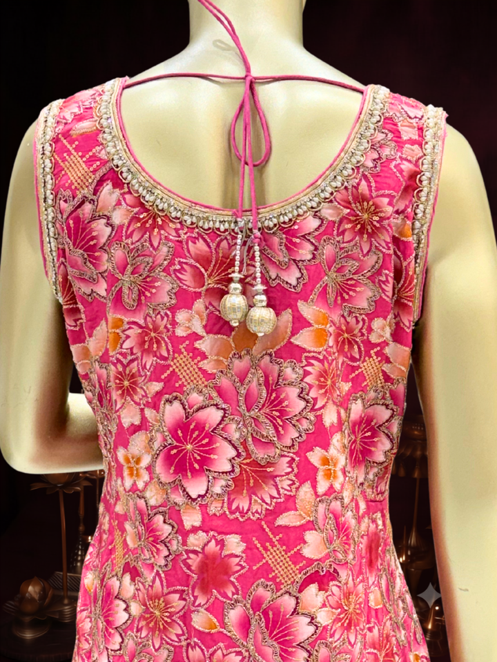 Floral Brocade Sleeveless Kurta with Sharara Set in Rani Pink