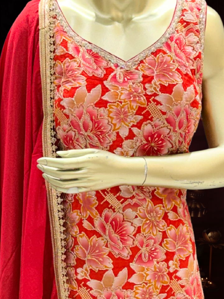 Floral Brocade Sleeveless Kurta with Sharara Set Red