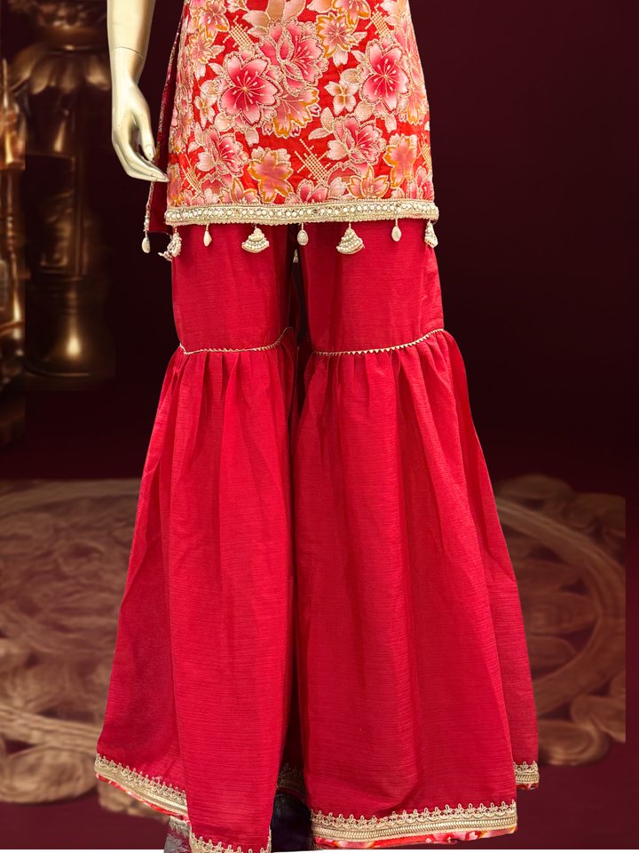 Floral Brocade Sleeveless Kurta with Sharara Set Red