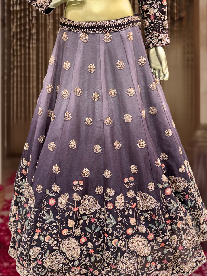 Embroidered Blouse with Ombre Lehenga Set in Wine Purple
