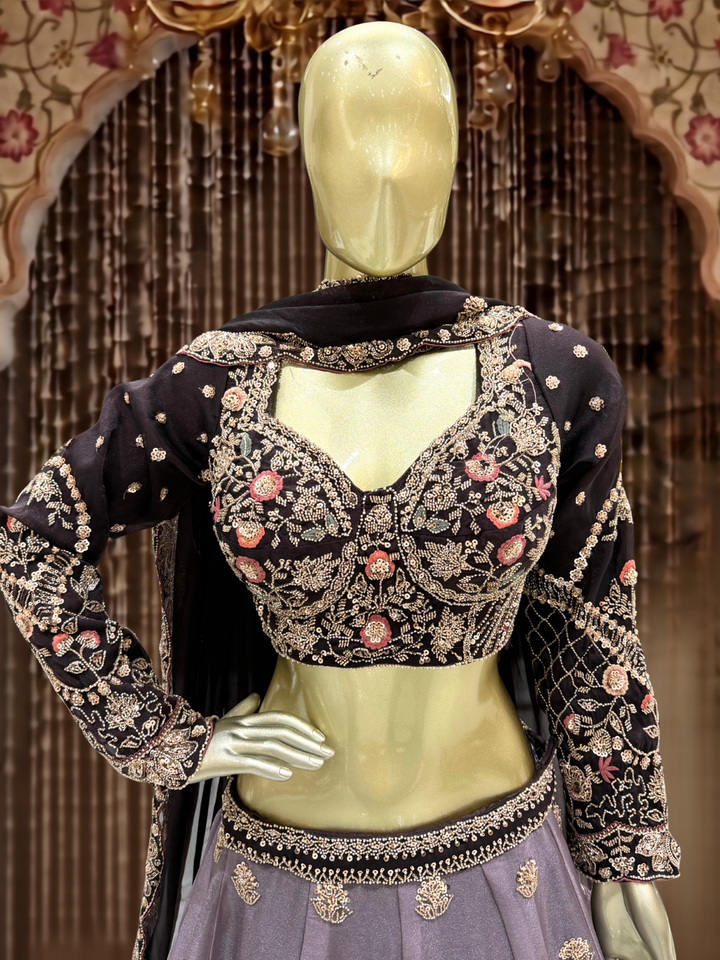 Embroidered Blouse with Ombre Lehenga Set in Wine Purple