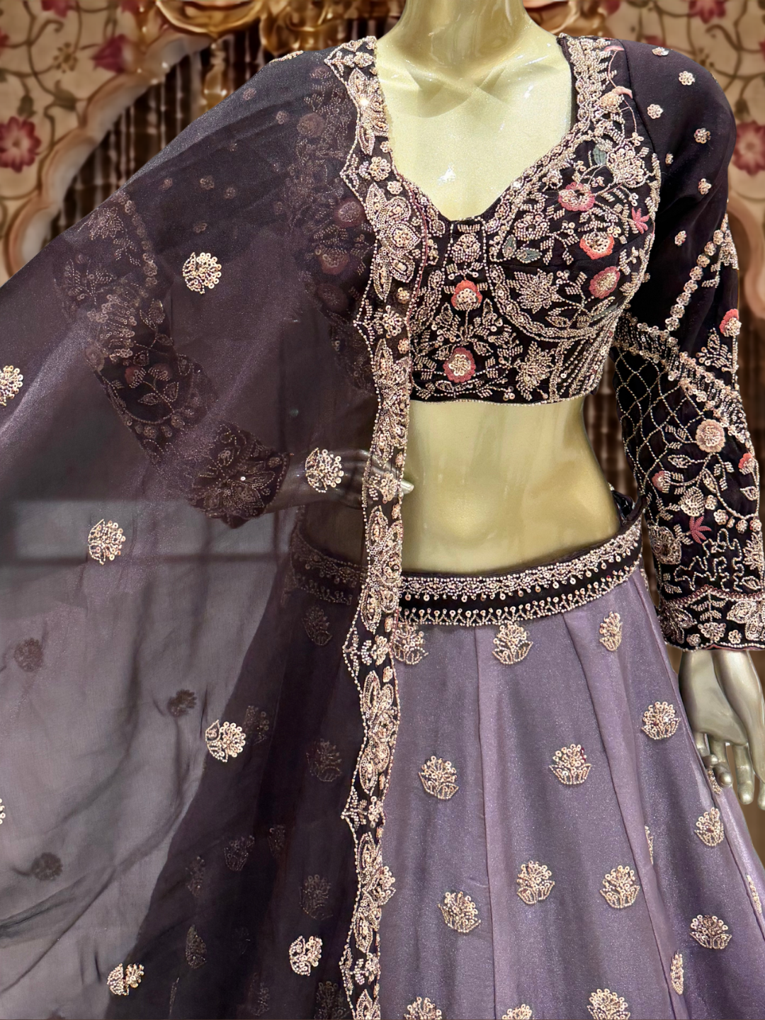 Embroidered Blouse with Ombre Lehenga Set in Wine Purple