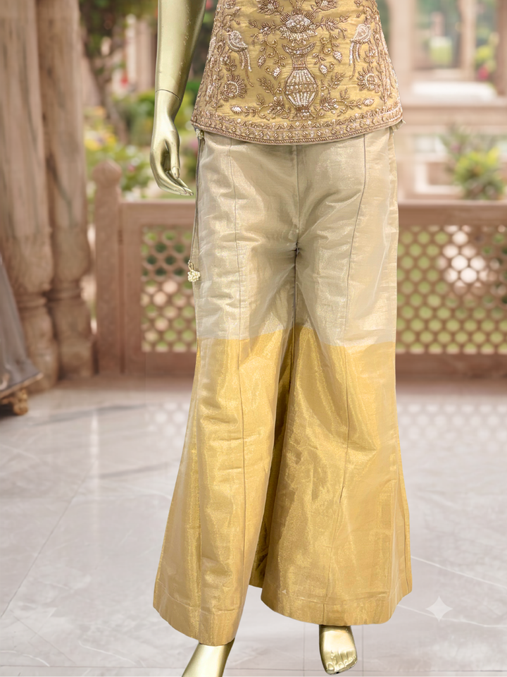 Sleeveless Embellished Kurta with Colour-Block Palazzo Set in Beige