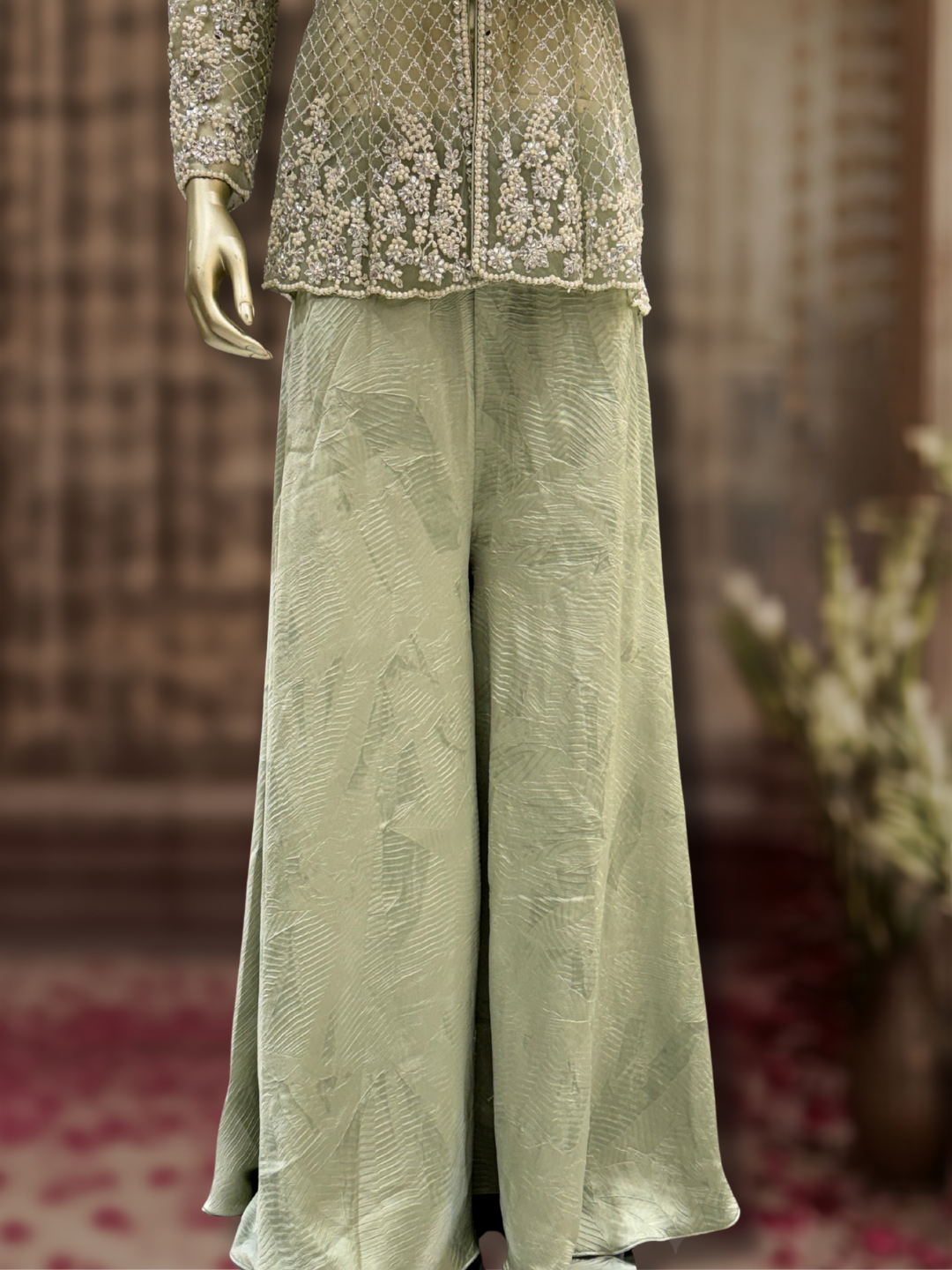 Pearl & Sequin Embroidered Jacket Blouse with Palazzo Set in green