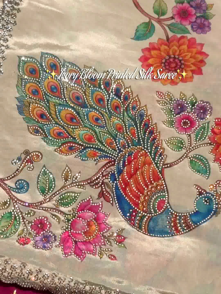 Ivory Bloom Peacock Printed Silk Saree with Sequin Border