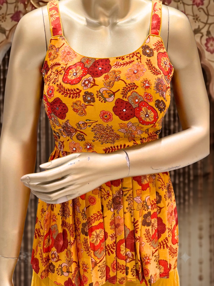 Floral Printed Peplum Top with Sharara Pants Set in Mustard Yellow
