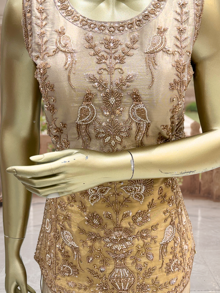 Sleeveless Embellished Kurta with Colour-Block Palazzo Set in Beige