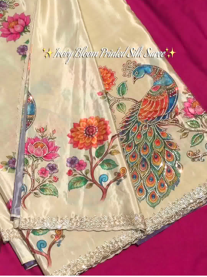 Ivory Bloom Peacock Printed Silk Saree with Sequin Border