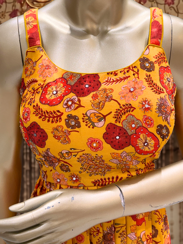 Floral Printed Peplum Top with Sharara Pants Set in Mustard Yellow