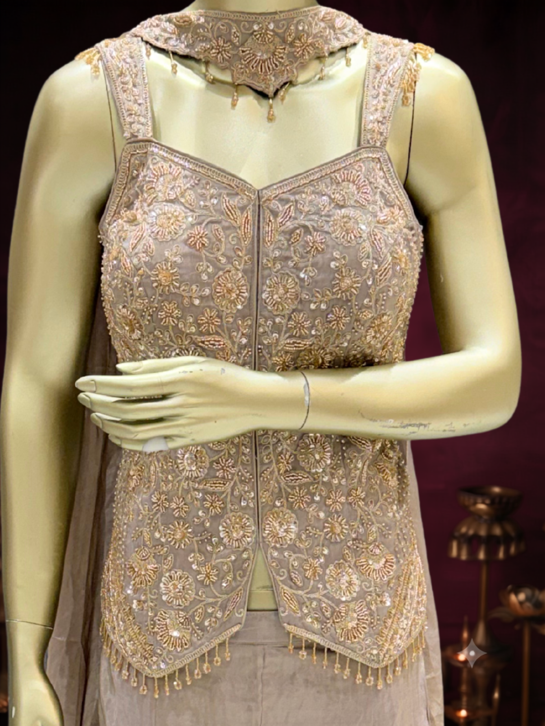 Sleeveless Embellished Waistcoat Blouse with Palazzo Set in Taupe Grey