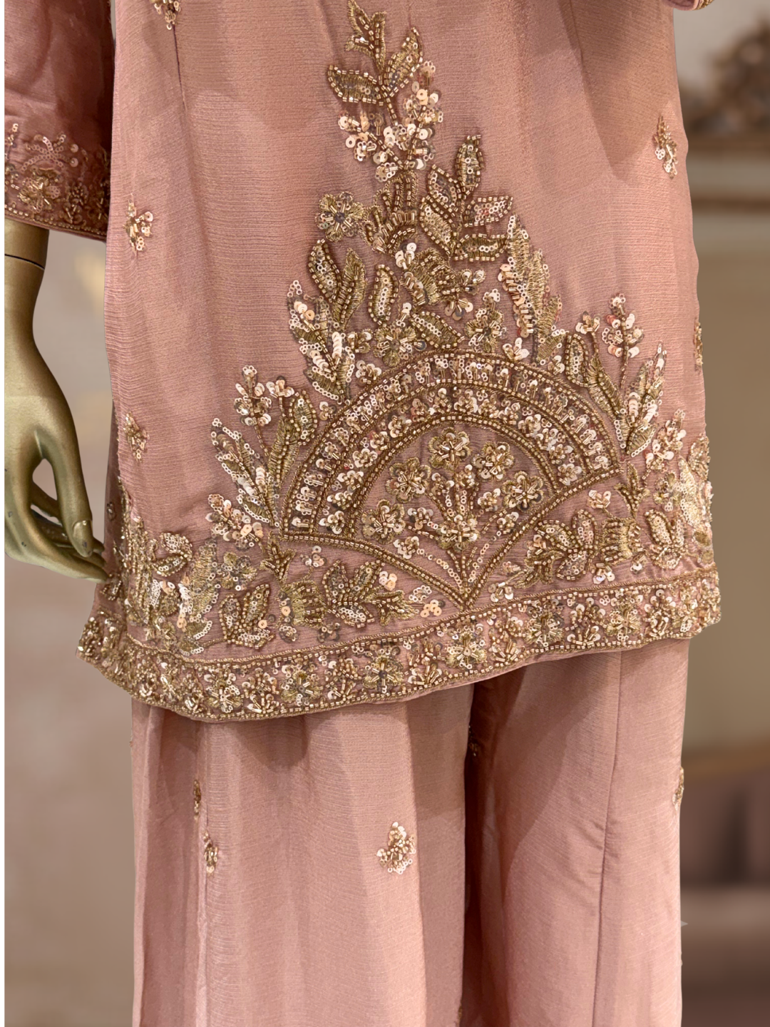 Sequin & Zari Embroidered Kurta with Palazzo Set in Mauve Pink
