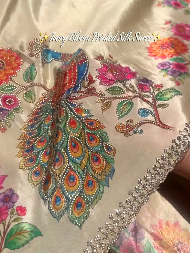 Ivory Bloom Peacock Printed Silk Saree with Sequin Border