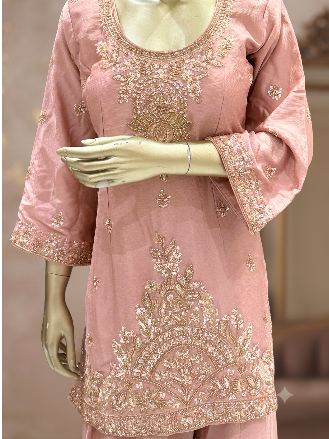 Sequin & Zari Embroidered Kurta with Palazzo Set in Mauve Pink