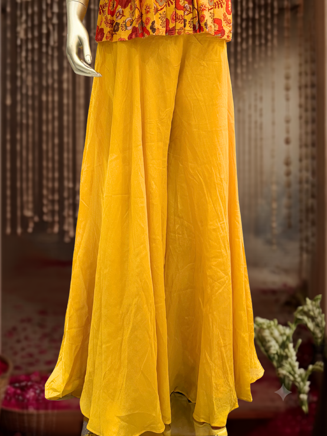 Floral Printed Peplum Top with Sharara Pants Set in Mustard Yellow