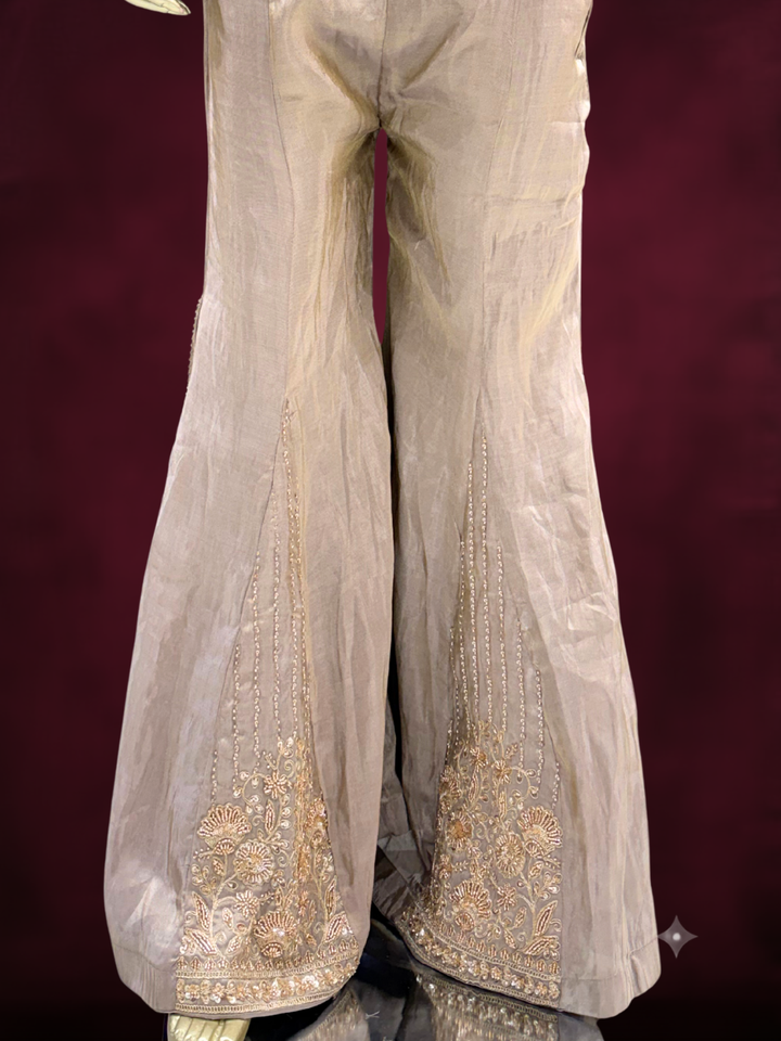 Sleeveless Embellished Waistcoat Blouse with Palazzo Set in Taupe Grey