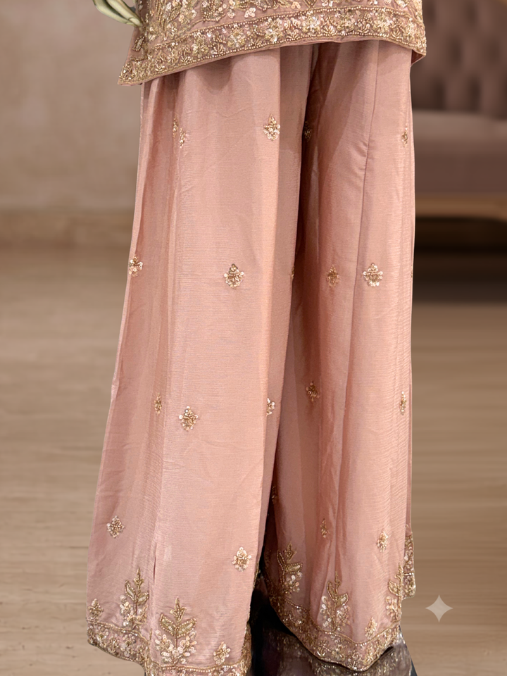 Sequin & Zari Embroidered Kurta with Palazzo Set in Mauve Pink