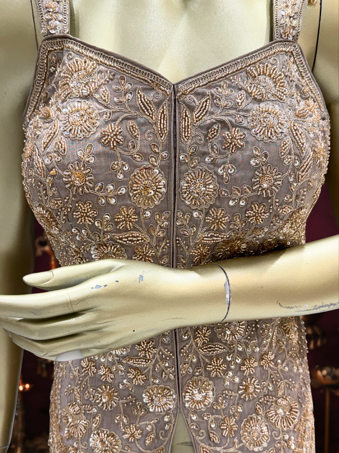 Sleeveless Embellished Waistcoat Blouse with Palazzo Set in Taupe Grey