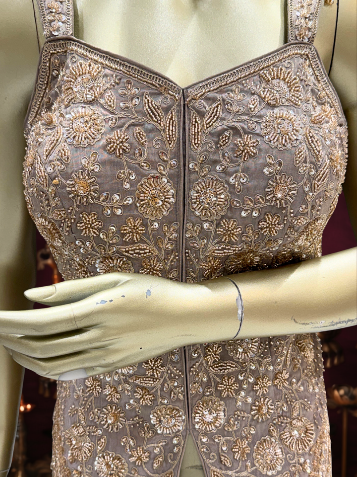 Sleeveless Embellished Waistcoat Blouse with Palazzo Set in Taupe Grey