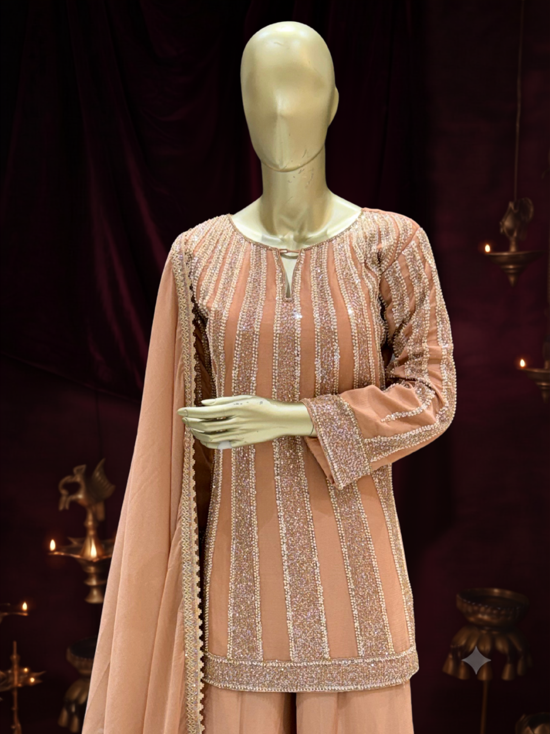 Sequin Embroidered Striped Kurta with Palazzo Set in Peach
