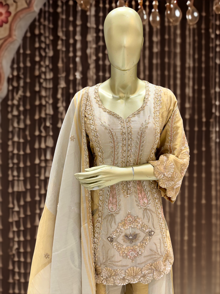 Dual-Tone Embroidered Kurta with Sharara Set in Beige Gold