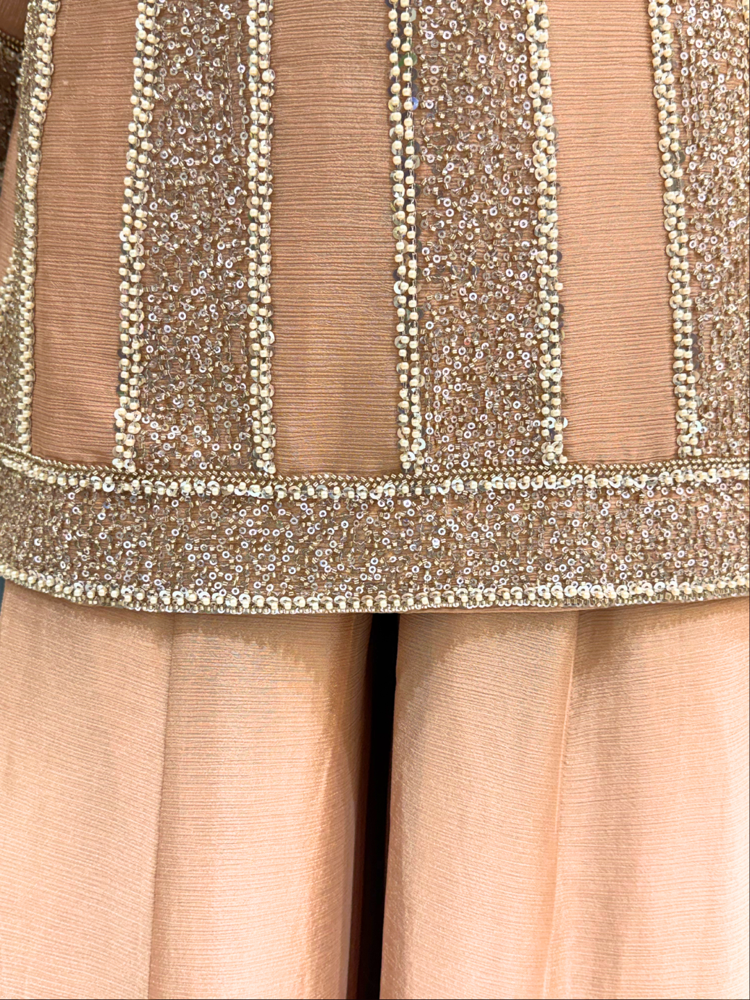Sequin Embroidered Striped Kurta with Palazzo Set in Peach