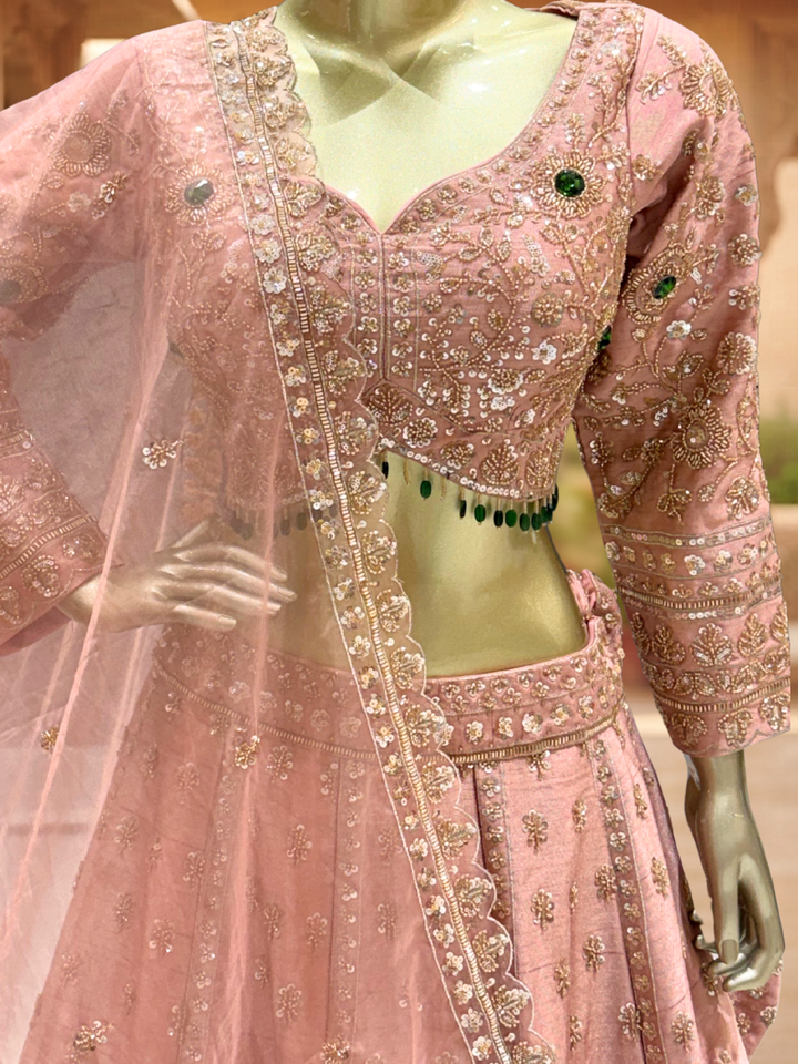 Sequin & Stone Embellished Blouse with Lehenga Set in Dusty Pink