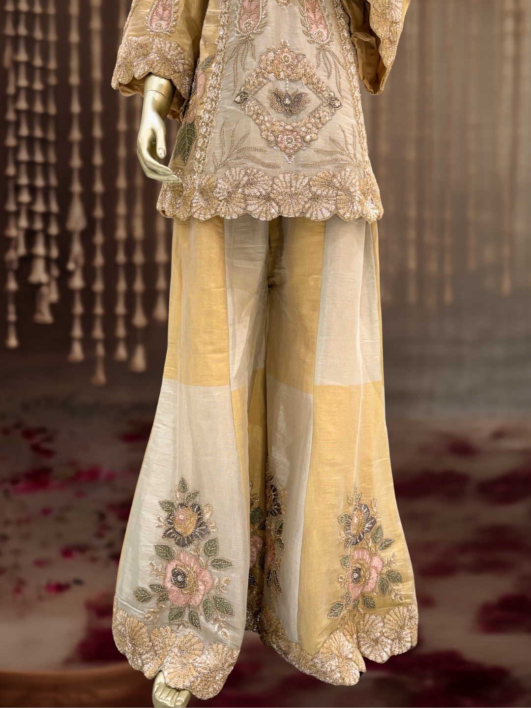 Dual-Tone Embroidered Kurta with Sharara Set in Beige Gold